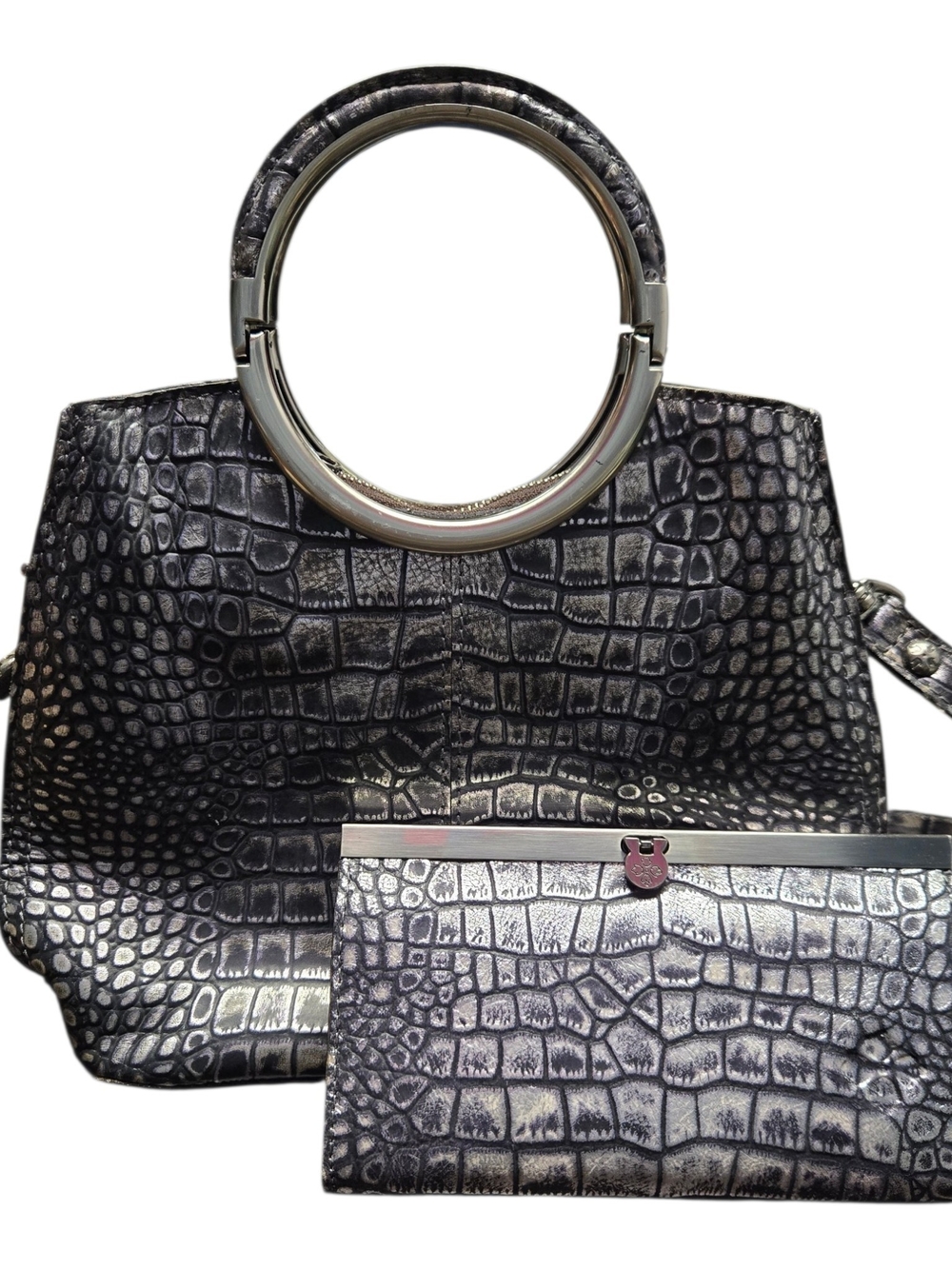 Patricia Nash Metallic Croc Embossed Ring Handle Bag + Wallet NWOT